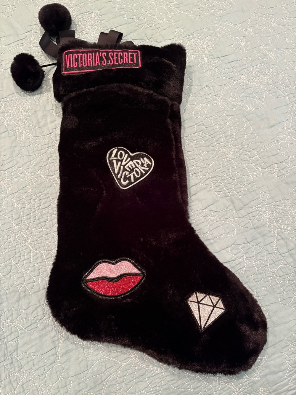 Victoria's Secret Black Faux Fur Holiday Stocking with Patch Appliqués